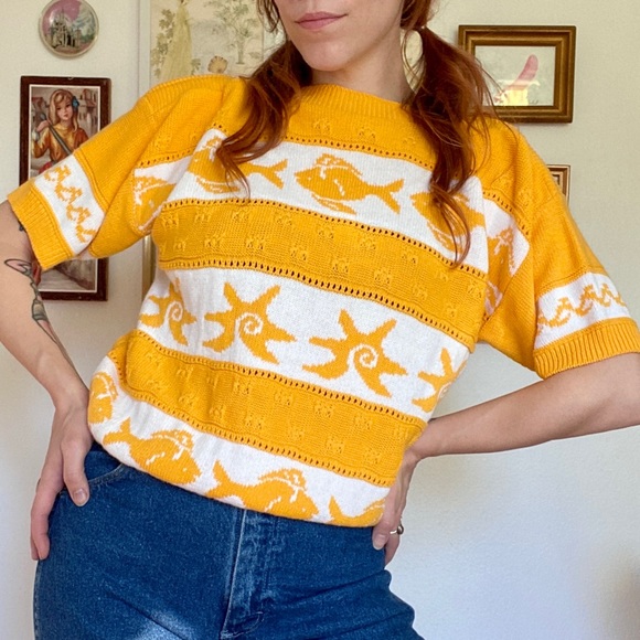 Vintage Sweaters - Vintage 80s/90s marigold fish striped short sleeve sweater